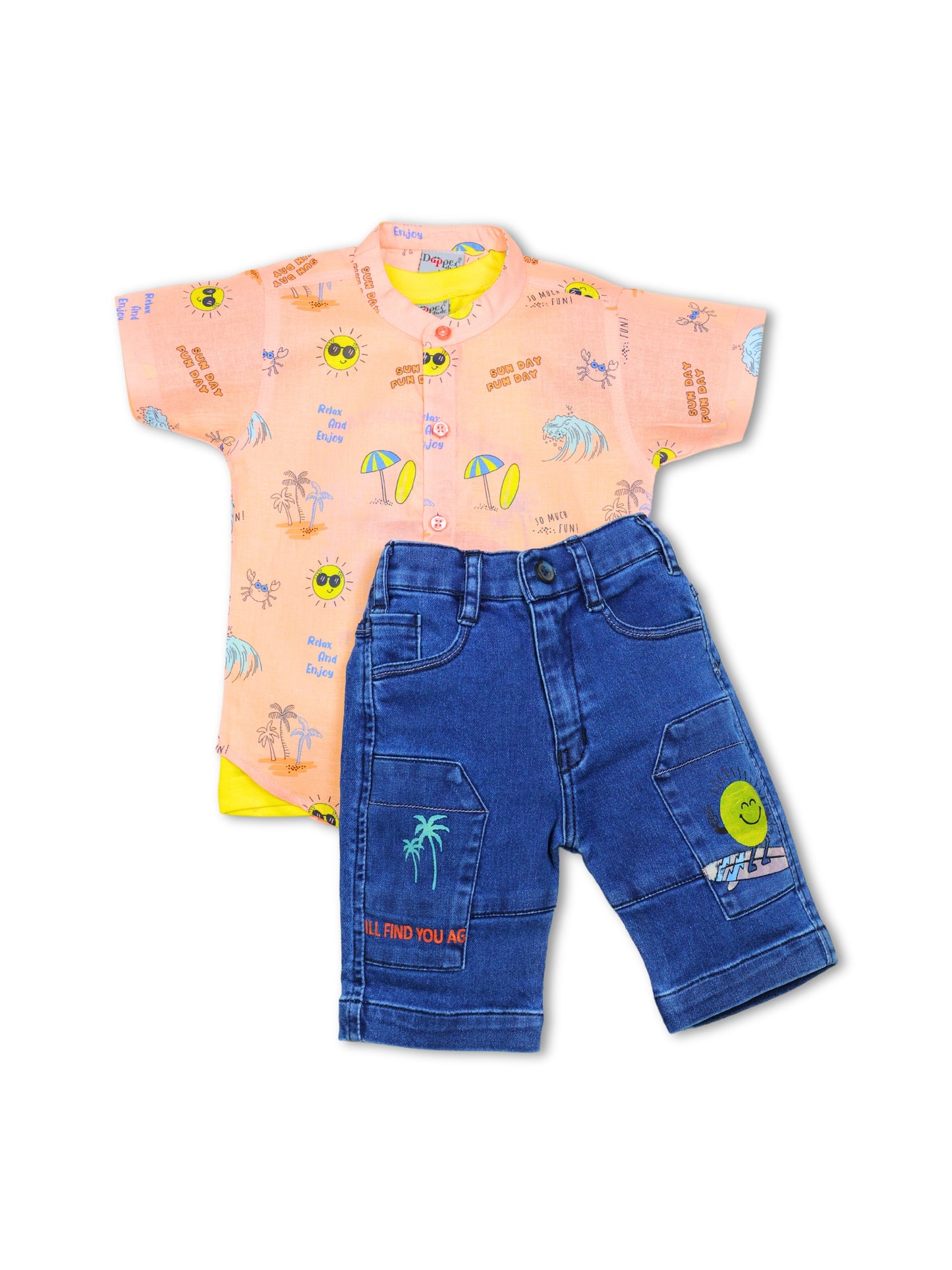 Dapper Dudes Half Sleeves Beach Theme Printed Shirt & Shorts Set - Peach