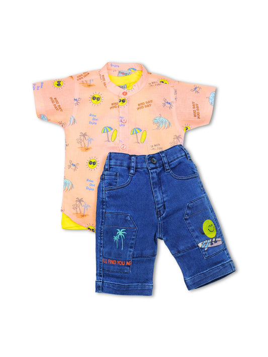 Dapper Dudes Half Sleeves Beach Theme Printed Shirt & Shorts Set - Peach