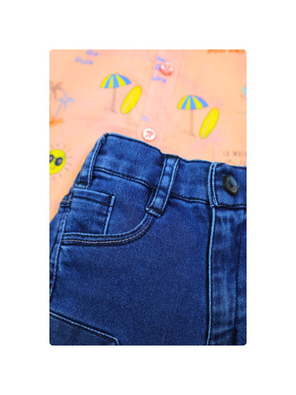 Dapper Dudes Half Sleeves Beach Theme Printed Shirt & Shorts Set - Peach