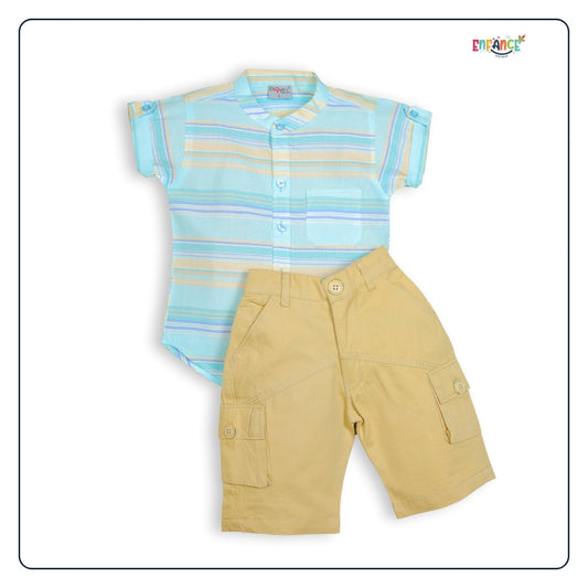 Dapper Dudes Half Sleeves Striped Shirt With Shorts & Bow - Blue