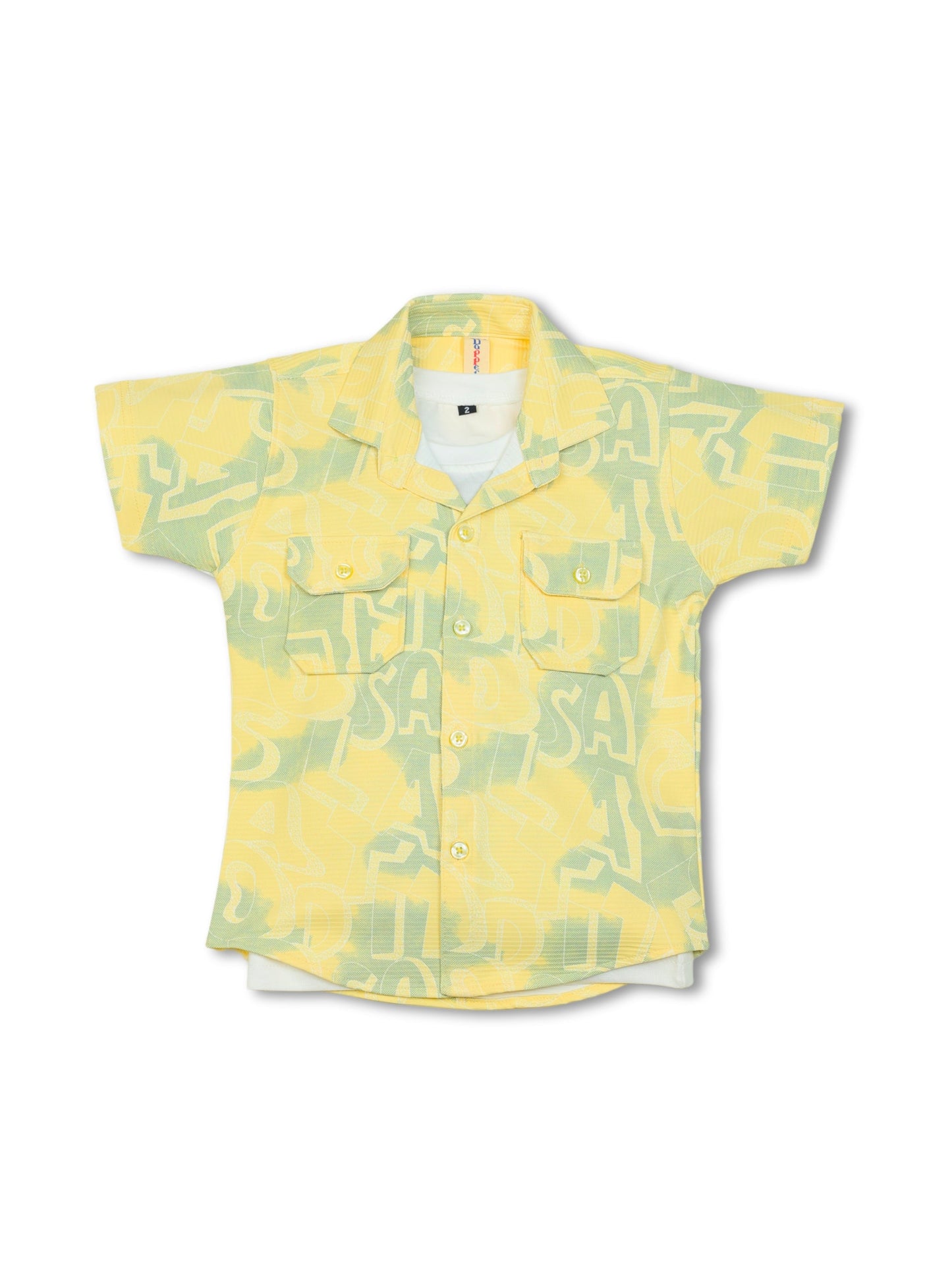 Dapper Dudes Half Sleeves Alphabet Printed Shirt With Coordinating Shorts & Tee - Lemon