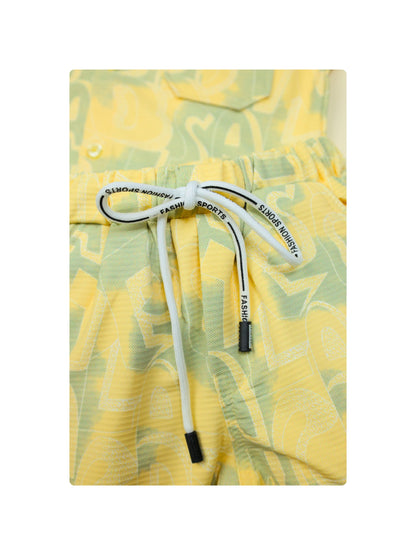 Dapper Dudes Half Sleeves Alphabet Printed Shirt With Coordinating Shorts & Tee - Lemon
