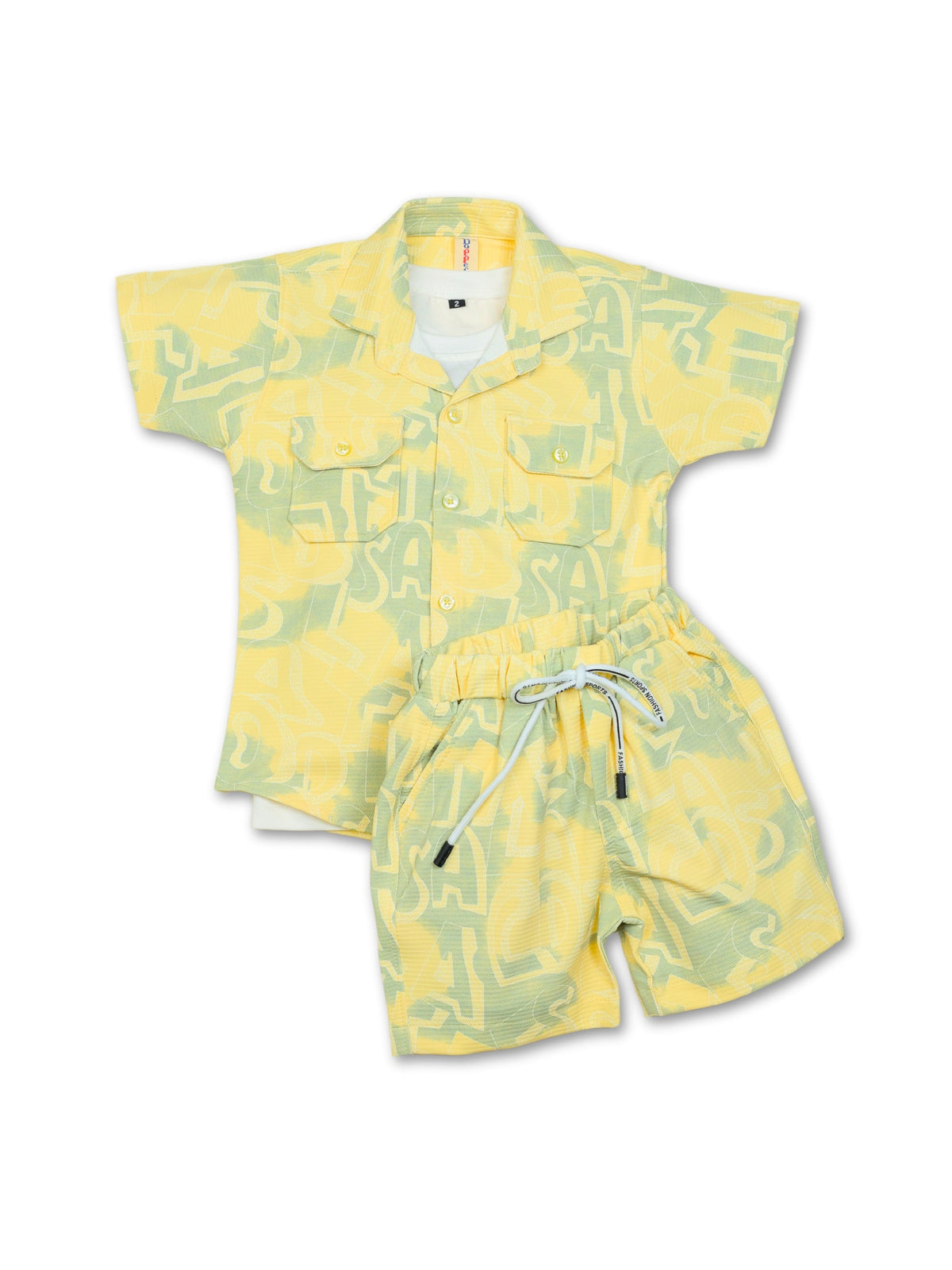 Dapper Dudes Half Sleeves Alphabet Printed Shirt With Coordinating Shorts & Tee - Lemon