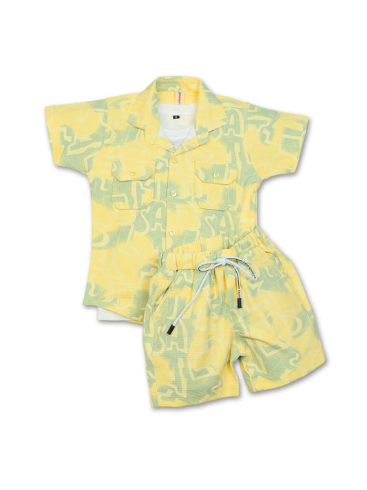 Dapper Dudes Half Sleeves Alphabet Printed Shirt With Coordinating Shorts & Tee - Lemon