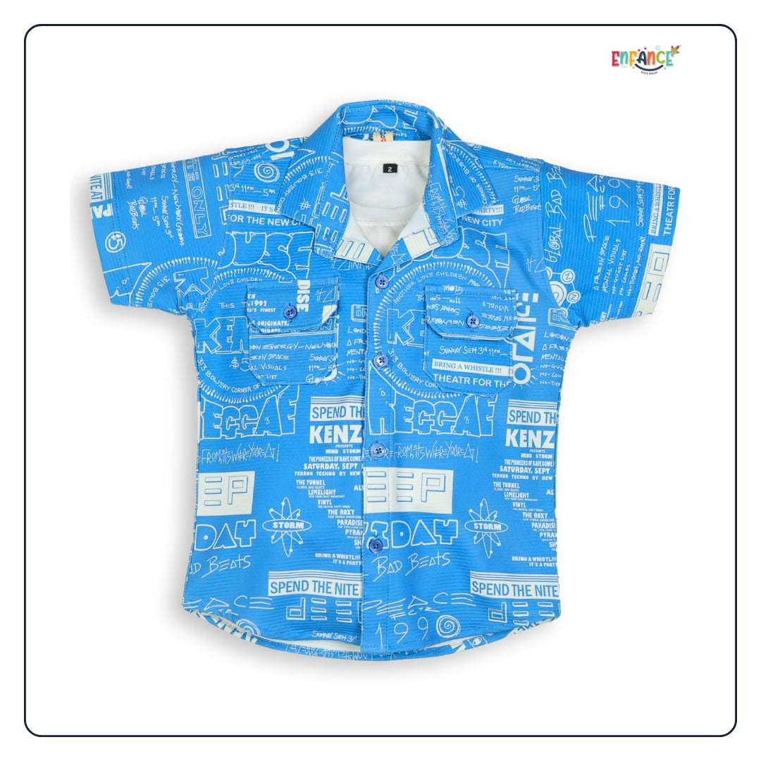 Dapper Dudes Half Sleeves Allover Alphabet Printed Shirt With Coordinating Shorts & Tee - Blue