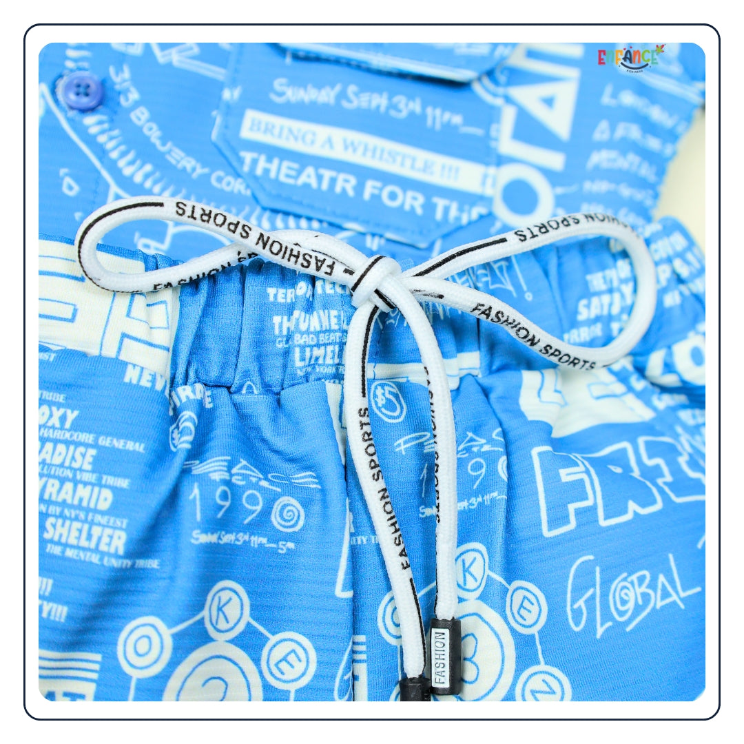 Dapper Dudes Half Sleeves Allover Alphabet Printed Shirt With Coordinating Shorts & Tee - Blue