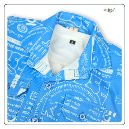 Dapper Dudes Half Sleeves Allover Alphabet Printed Shirt With Coordinating Shorts & Tee - Blue