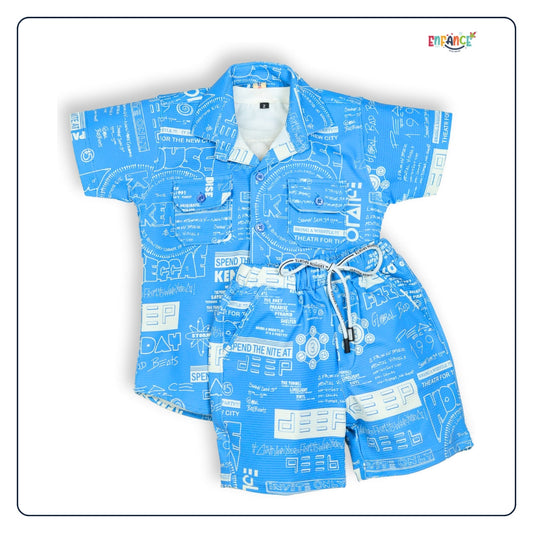 Dapper Dudes Half Sleeves Allover Alphabet Printed Shirt With Coordinating Shorts & Tee - Blue