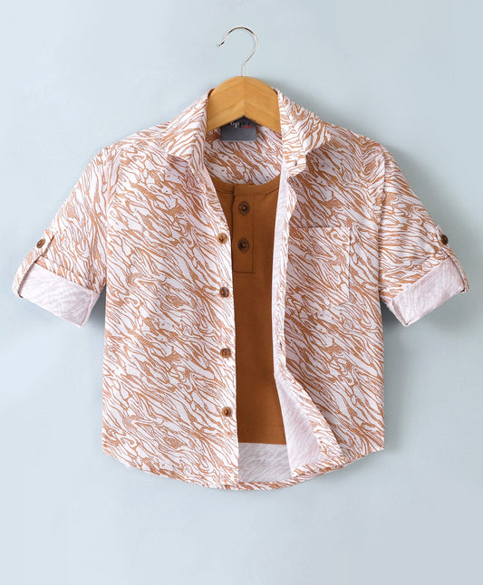 Dapper Dudes Full Sleeves All Over Printed Shirt With Attached Tee - Orange