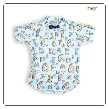 Dapper Dudes Half Sleeves Alphabets Printed Shirt Shorts & Bow With Suspender - S.Blue