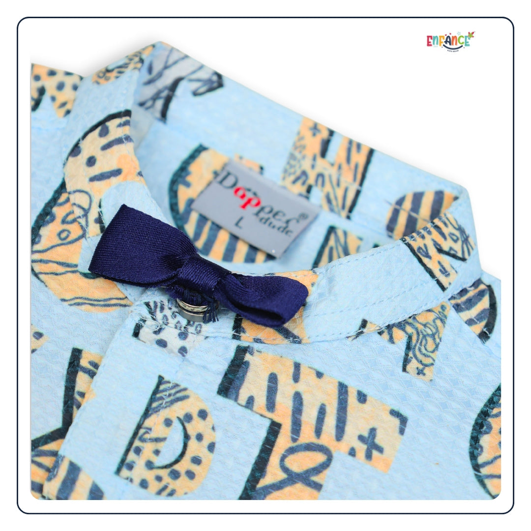 Dapper Dudes Half Sleeves Alphabets Printed Shirt Shorts & Bow With Suspender - S.Blue