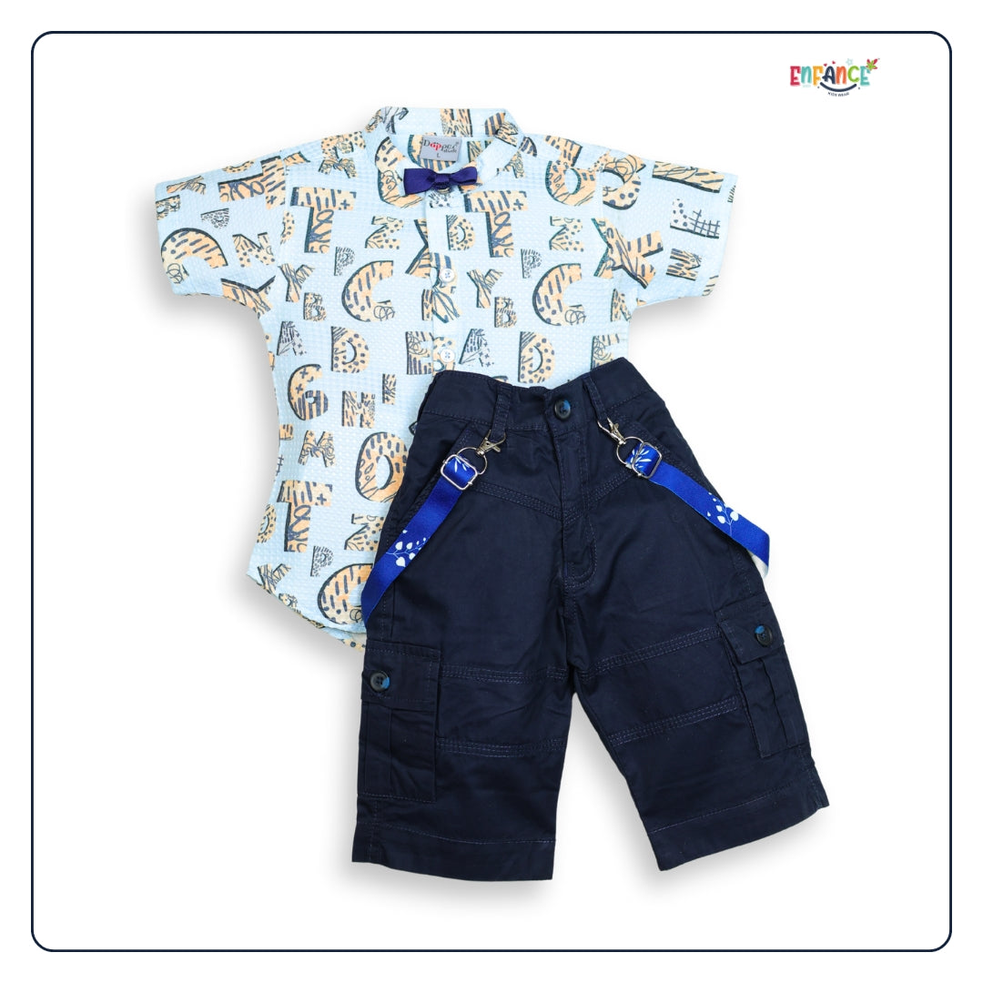 Dapper Dudes Half Sleeves Alphabets Printed Shirt Shorts & Bow With Suspender - S.Blue