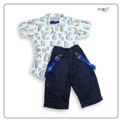 Dapper Dudes Half Sleeves Alphabets Printed Shirt Shorts & Bow With Suspender - S.Blue