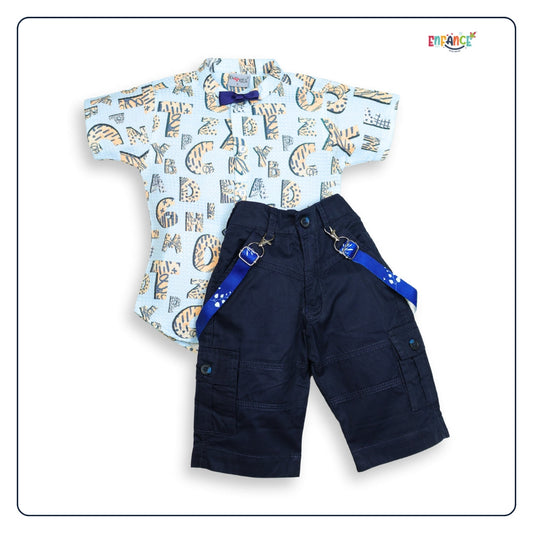 Dapper Dudes Half Sleeves Alphabets Printed Shirt Shorts & Bow With Suspender - S.Blue
