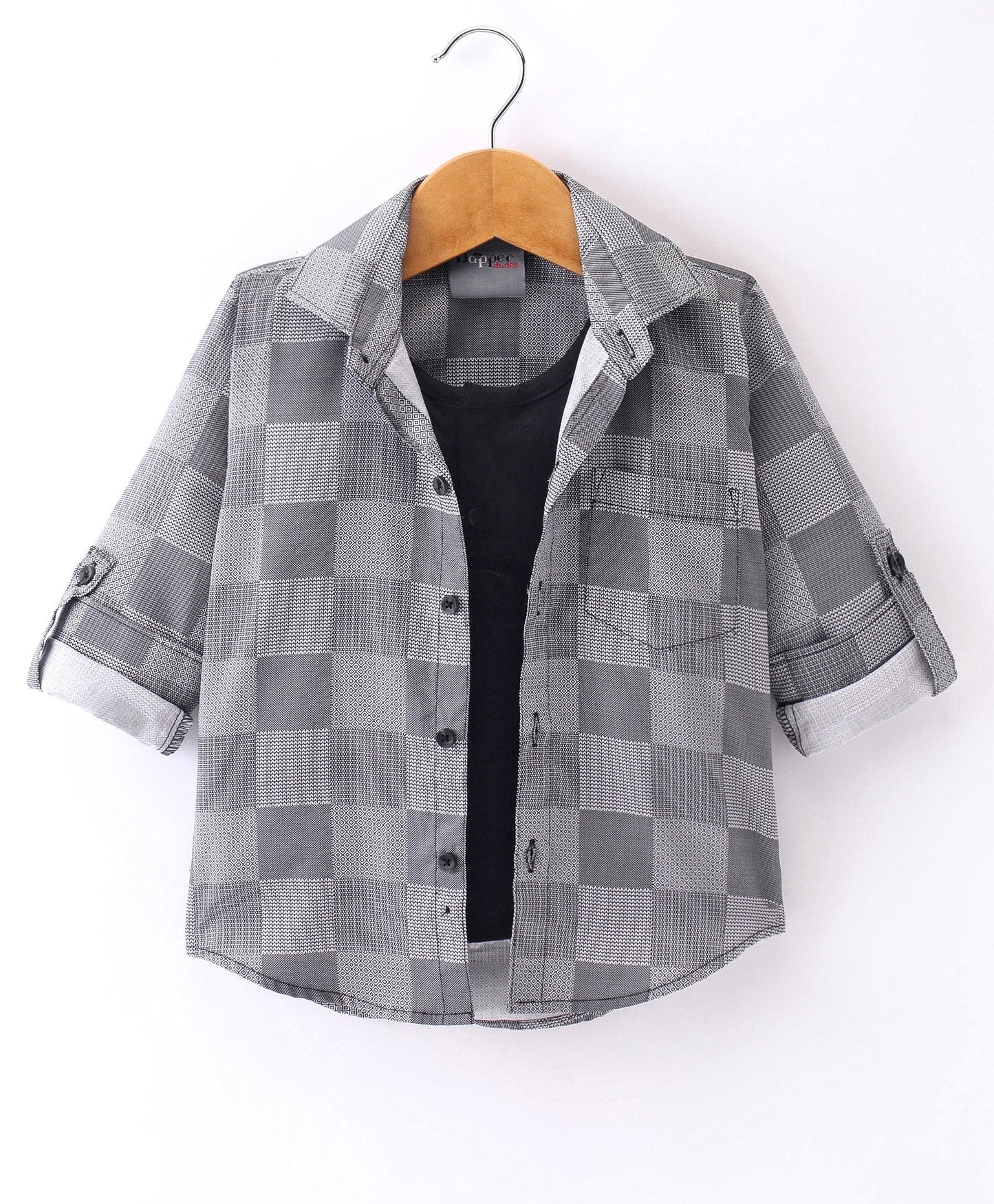 Dapper Dudes Full Sleeves Box Pattern Shirt With Attached Tee - Grey