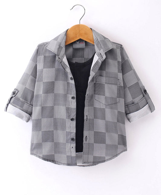 Dapper Dudes Full Sleeves Box Pattern Shirt With Attached Tee - Grey