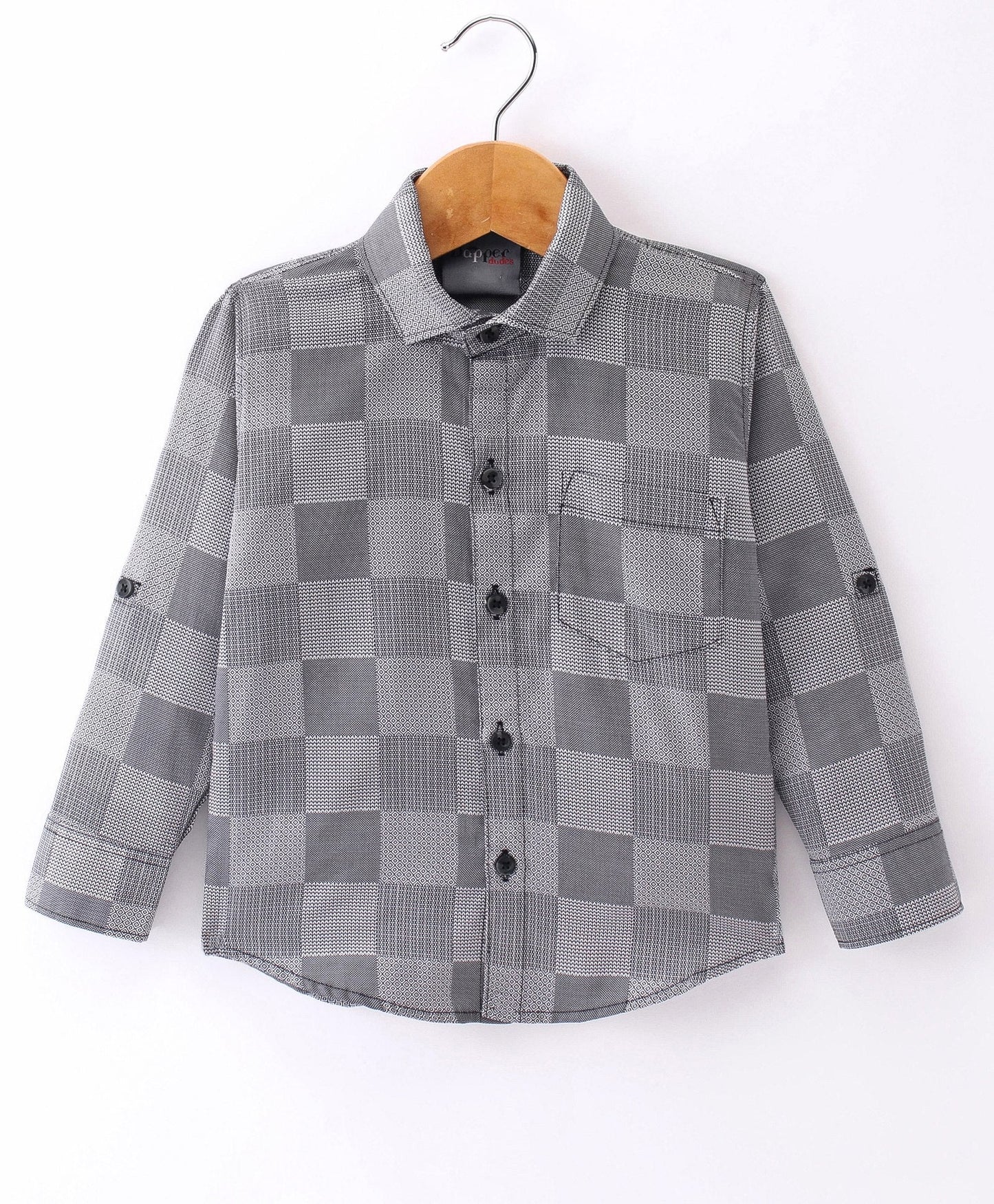Dapper Dudes Full Sleeves Box Pattern Shirt With Attached Tee - Grey