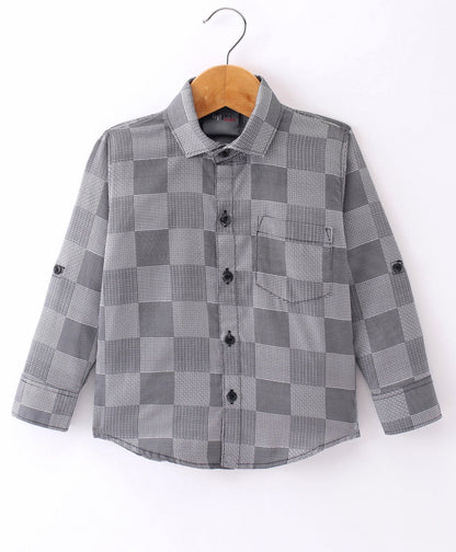Dapper Dudes Full Sleeves Box Pattern Shirt With Attached Tee - Grey
