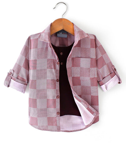 Dapper Dudes Full Sleeves Box Pattern Shirt With Attached Tee - Maroon