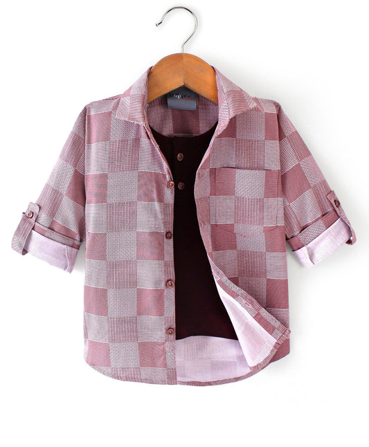 Dapper Dudes Full Sleeves Box Pattern Shirt With Attached Tee - Maroon