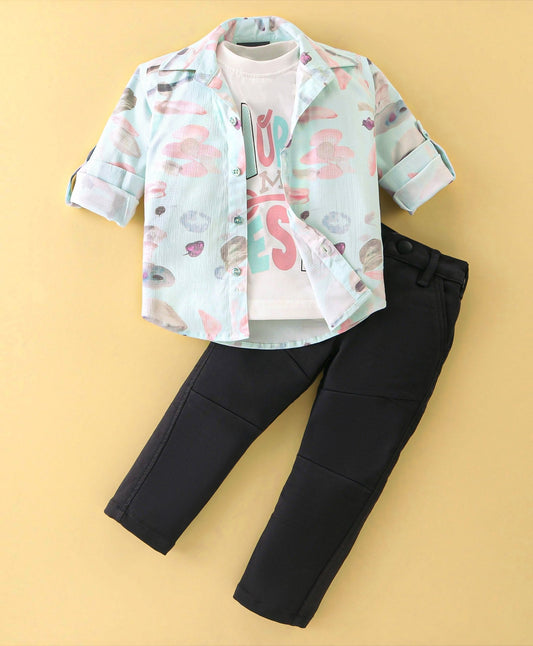 Dapper Dudes Full Sleeves Printed Shirt With Tee & Bottom - Pista