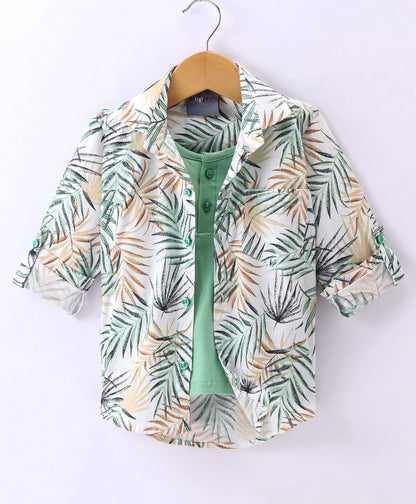 Dapper Dudes Full Sleeves Leaves Print Shirt With Attached Tee - Green