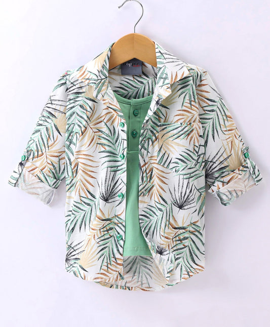 Dapper Dudes Full Sleeves Leaves Print Shirt With Attached Tee - Green