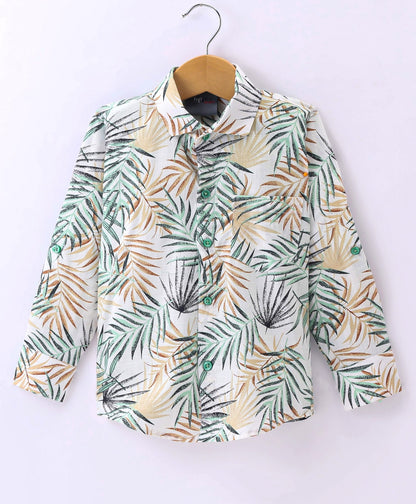 Dapper Dudes Full Sleeves Leaves Print Shirt With Attached Tee - Green