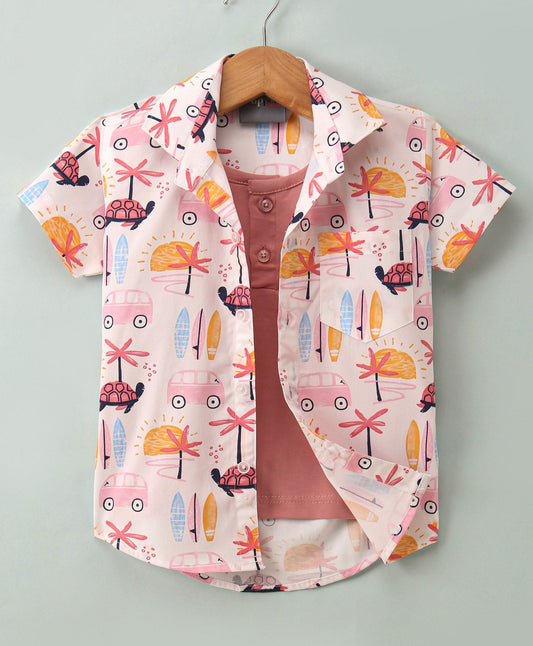 Dapper Dudes Half Sleeves Beach Print Shirt With Attached Tee - Pink