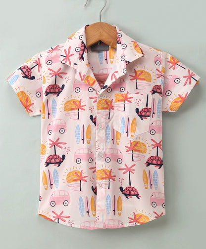 Dapper Dudes Half Sleeves Beach Print Shirt With Attached Tee - Pink
