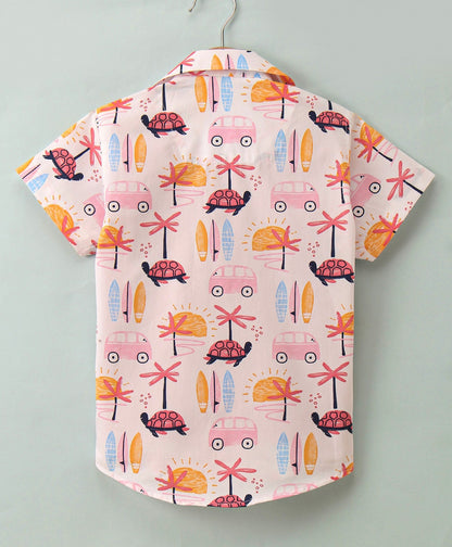 Dapper Dudes Half Sleeves Beach Print Shirt With Attached Tee - Pink