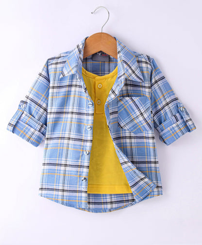 Dapper Dudes Full Sleeves Checked Shirt With Attached Tee - Blue