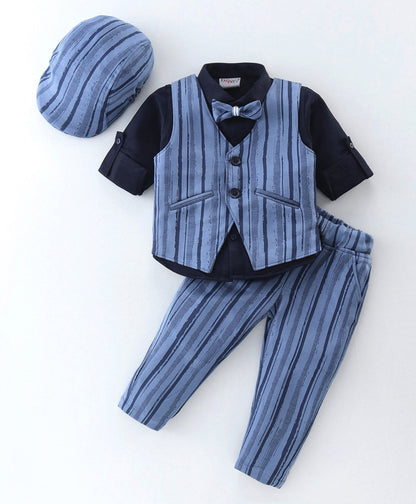 Dapper Dudes Full Sleeves Shirt With Striped Waistcoat , Bow , Cap & Bottom - Blue