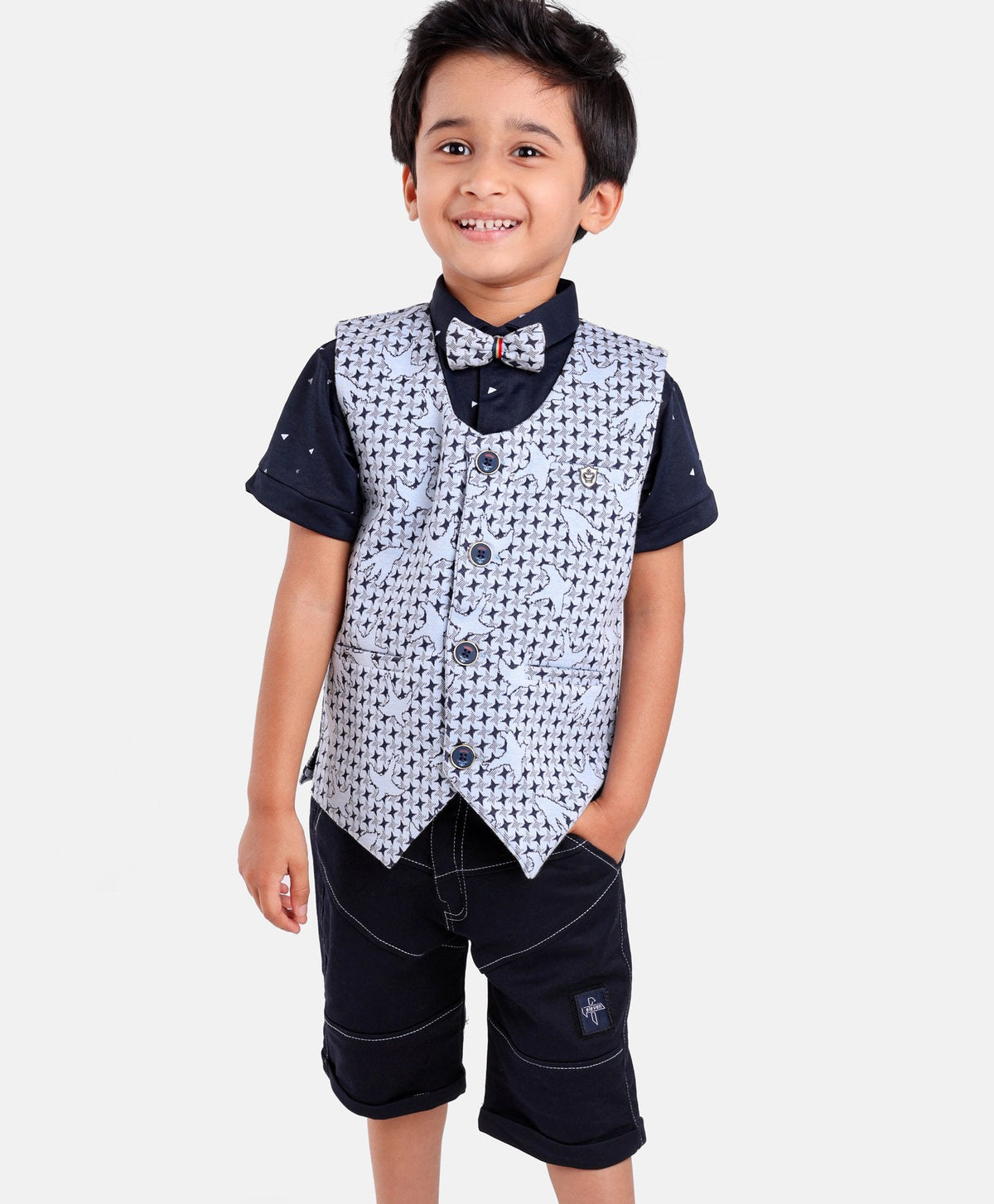 Dapper Dudes Half Sleeves Shirt With Printed Waistcoat,Bow & Bottom - S.Blue