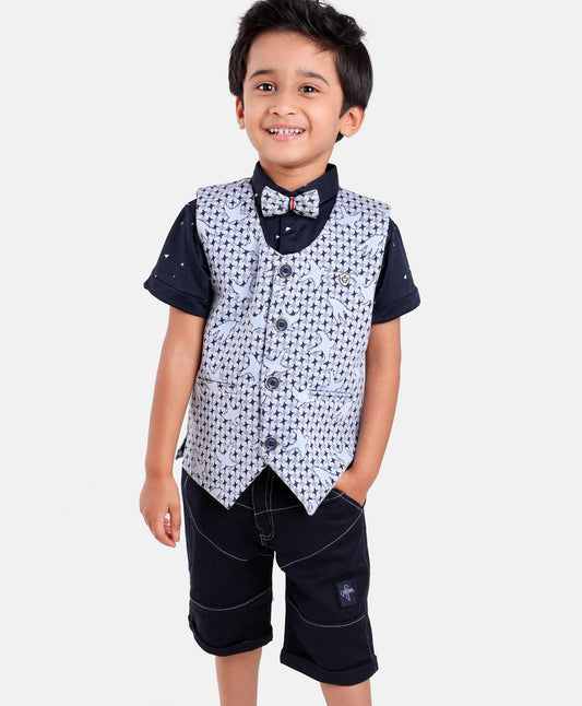 Dapper Dudes Half Sleeves Shirt With Printed Waistcoat,Bow & Bottom - S.Blue