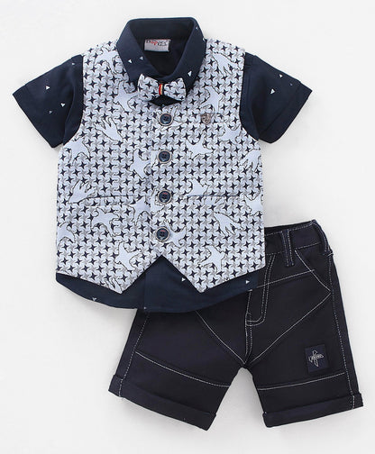 Dapper Dudes Half Sleeves Shirt With Printed Waistcoat,Bow & Bottom - S.Blue
