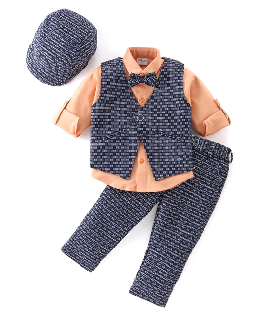 Dapper Dudes Full Sleeves Shirt With Waistcoat, Bow ,Cap & Bottom - Orange