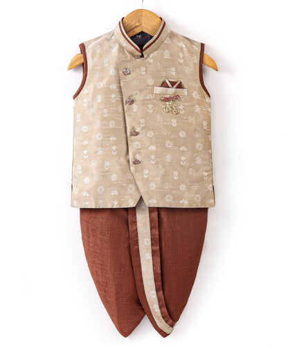 Dapper Dudes Sleeveless Floral Print Kurta With Pajama - Fawn