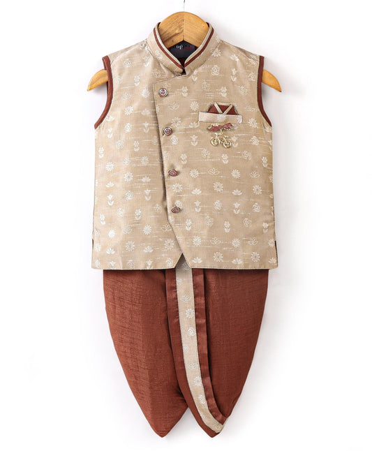 Dapper Dudes Sleeveless Floral Print Kurta With Pajama - Fawn