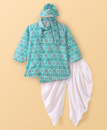 Dapper Dudes Full Sleeves Printed Kurta With Dhoti & Turban - Green