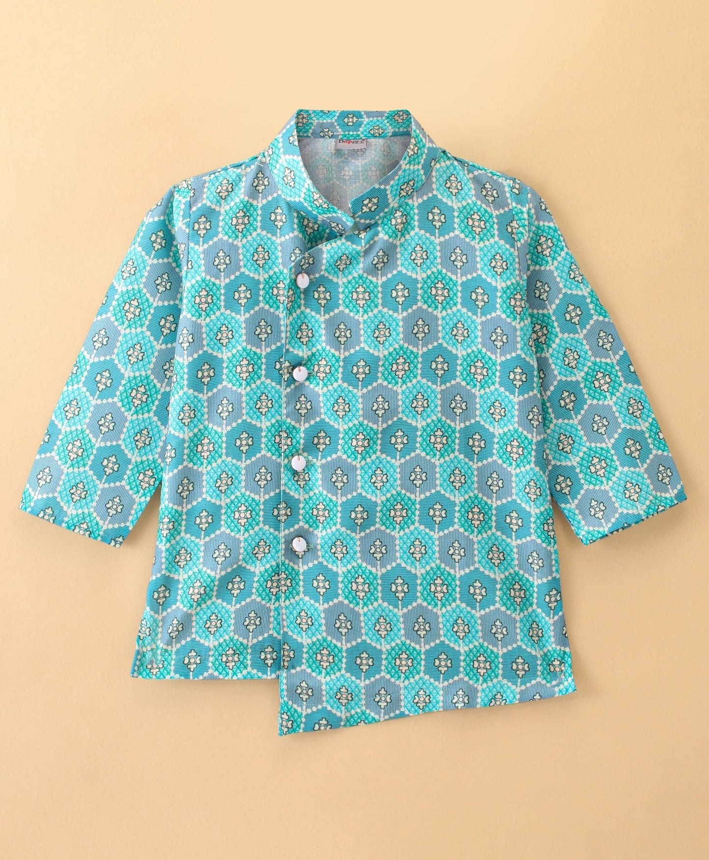 Dapper Dudes Full Sleeves Printed Kurta With Dhoti & Turban - Green