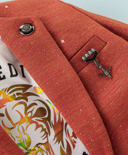 Dapper Dudes Full Sleeves Blazer With Printed Tee - Orange