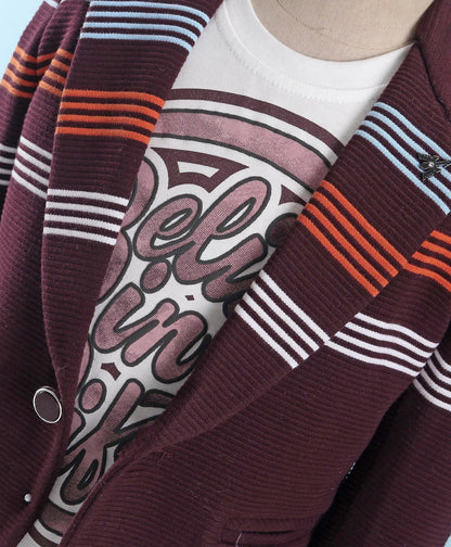 Dapper Dudes Full Sleeves Striped Blazer With Tee - Wine