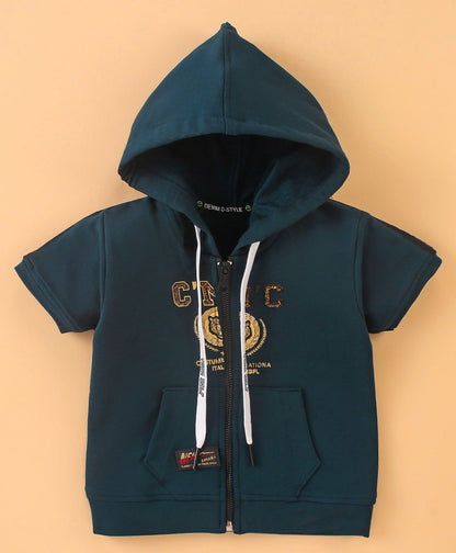 Dapper Dudes Half Sleeves Text Printed Hooded Jacket With Tee - T.Blue
