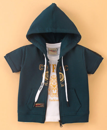Dapper Dudes Half Sleeves Text Printed Hooded Jacket With Tee - T.Blue