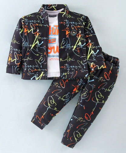 Dapper Dudes Full Sleeves Text Print Jacket With Tee & Track Pant - Black