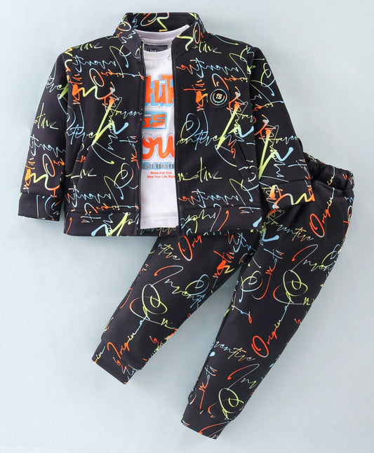 Dapper Dudes Full Sleeves Text Print Jacket With Tee & Track Pant - Black