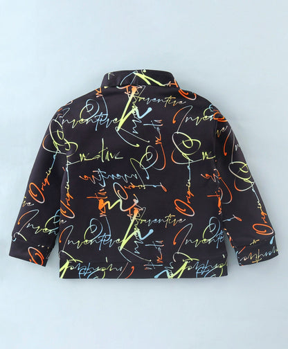 Dapper Dudes Full Sleeves Text Print Jacket With Tee & Track Pant - Black