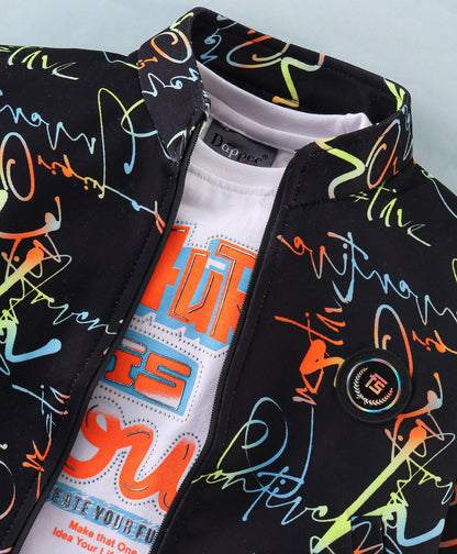 Dapper Dudes Full Sleeves Text Print Jacket With Tee & Track Pant - Black