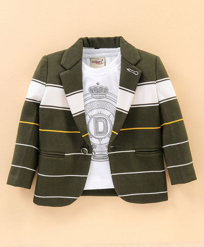 Dapper Dudes Full Sleeves Striped Blazer With Tee - Olive